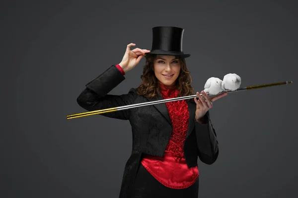 Elegant Illusionist Costume Black Cylinder Hat Performs Enchanting Dove Magic — Stock Photo, Image
