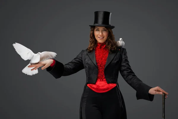 Mystical Performance Female Magician White Doves Gray Background — Stock Photo, Image