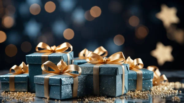 Teal gift boxes with golden ribbons sparkle among festive lights and golden stars