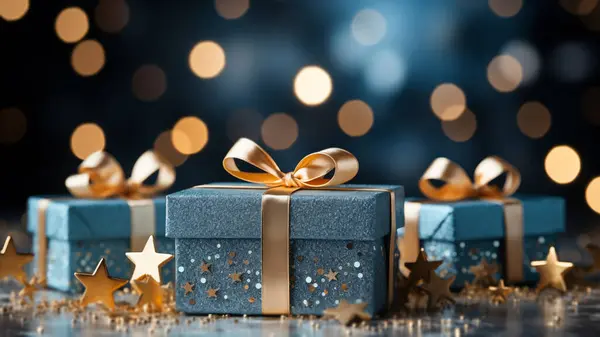 Holiday presents wrapped in teal paper and gold glitter, with a bokeh light backdrop