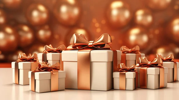 Opulent copper gift boxes with elegant bows set against a warm bokeh background