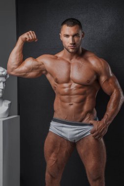 Portrait of a rugged man with a well-groomed model appearance, wearing white briefs, and showcasing his bare muscular torso against a gray background clipart