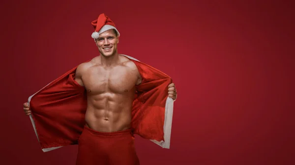 Smiling Santa Flexing Muscles Ready Holiday Season Workouts — Stock Photo, Image