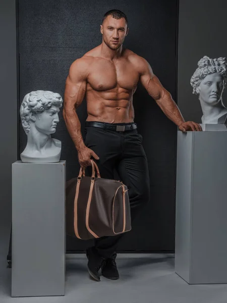 衣冠楚楚 身材匀称 肌肉发达的男人 在灰色背景的古希腊雕像旁边摆设着一个奢华的时尚袋 — 图库照片