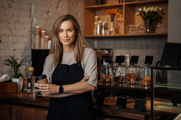 Portrait Poised Female Barista Holding Takeaway Coffee Cup Standing Her — Stock Photo, Image