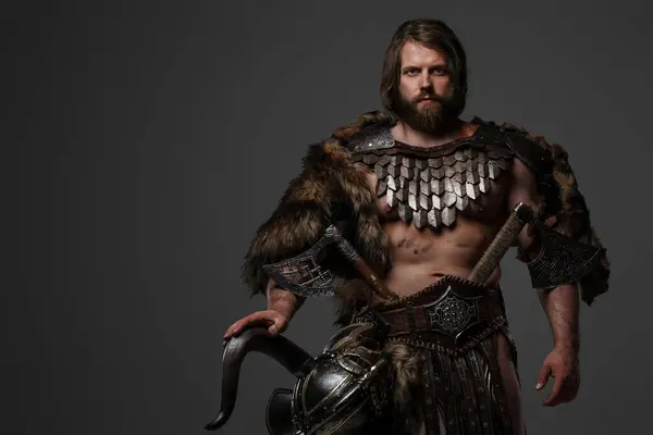 Fierce Bearded Viking Warrior Fur Light Armor Helmet Attached His — Stock Photo, Image