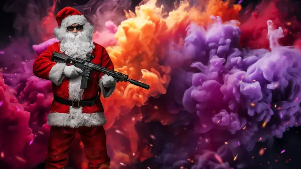 Man Dressed Santa Claus Holding Machine Gun Poses Background Bright — Stock Photo, Image