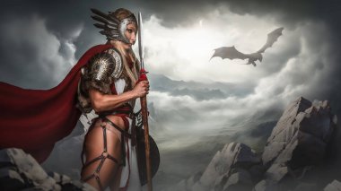 Kanatlı miğferli destansı Valkyrie ve elinde mızrak olan kırmızı pelerinli, arka planda uçan bir ejderha.