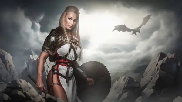 A female warrior in fantasy armor stands ready in a mountainous landscape with a dragon soaring in the cloudy sky