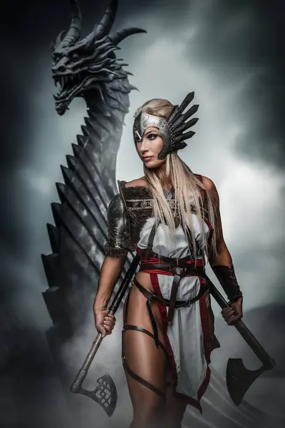 Valiant Valkyrie Winged Armor Stands Guard Dragon Looming Set Moody — Stock Photo, Image