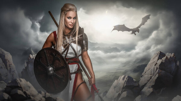 An armored Valkyrie woman with a sword and shield looks towards a distant dragon flying over misty mountains