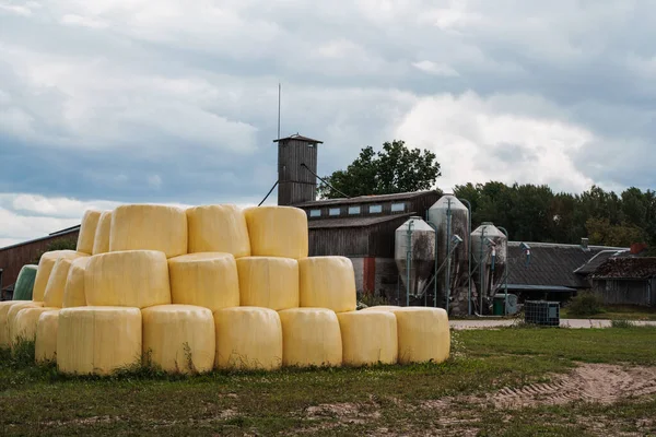 Stacked Yellow Hay Bales Front Grain Silos Farm Buildings Cloudy Royalty Free Stock Images
