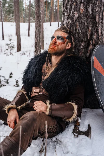 Viking Warrior War Paint His Face Rests Tree Snow Appearing — Stock Photo, Image