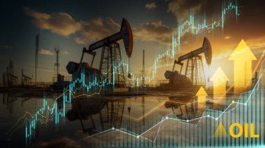 Petrol pompası jack silueti ve gün batımında mali grafikler enerji piyasasındaki büyümeyi simgeliyor.