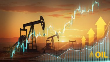 Petrol pompası jack silueti ve gün batımında mali grafikler enerji piyasasındaki büyümeyi simgeliyor.