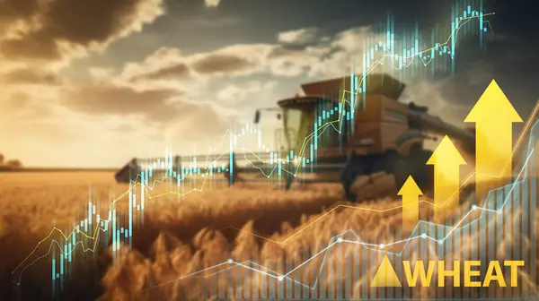 Sunset Wheat Fields Combine Harvester Financial Increase Graphs — Stock Photo, Image