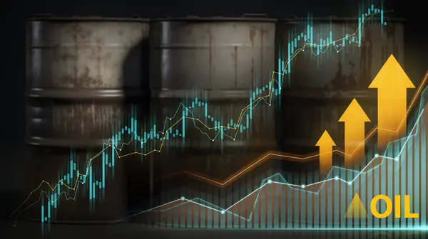 Roestige Olievaten Met Overlay Aandelenmarkt Die Wijzen Stijgende Olieprijzen — Stockfoto
