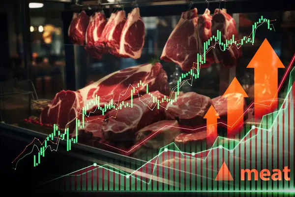 Carniceros Exhiben Carne Con Gráficos Ascendentes Del Mercado Valores Que — Foto de Stock