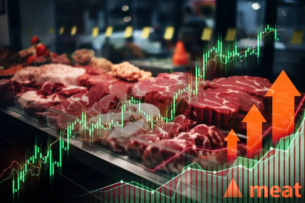 Butchers Display Meat Ascending Stock Market Graphs Showing Economic Trends — Stock Photo, Image