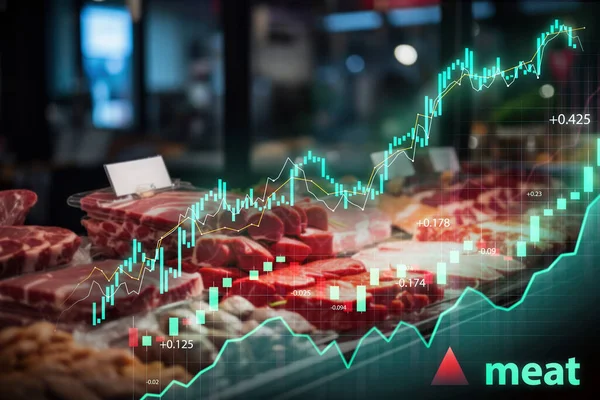 Fresh Cuts Meat Displayed Superimposed Financial Growth Charts Indicating Market — Stock Photo, Image