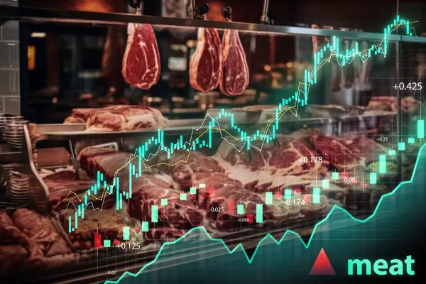 Fresh cuts of meat displayed with superimposed financial growth charts indicating market trends.