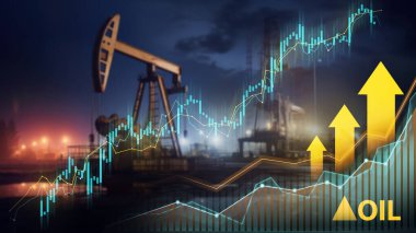 Gün batımında petrol sondaj platformları parlayan finansal grafiklerle piyasa performansını sembolize ediyor.