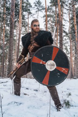 Viking savaşçısı gibi giyinmiş bir adam elinde balta ve kalkanla karlı bir ormanda duruyor ve İskandinav tarihini çağrıştırıyor.