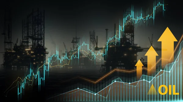 Silhouette of oil rigs with rising stock market graphs and arrows indicating growth