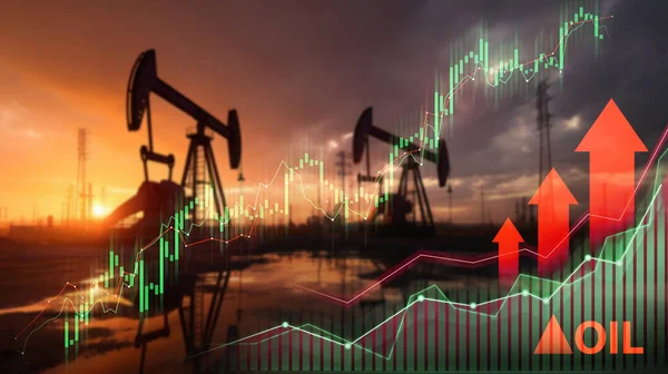 Petrol pompası krikosu ve rafineri siluetleri ile boğucu borsa grafiklerinin üst üste bindirilmesi