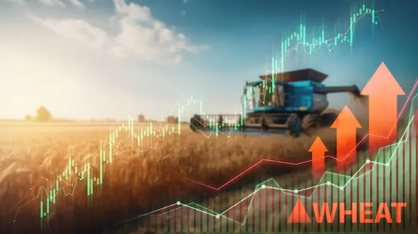 Harvesting Machinery Golden Wheat Field Stock Market Growth Charts Arrows — Stock Photo, Image