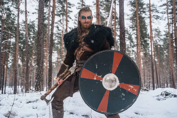 バイキングの戦士として服を着た男は 雪の森で斧と盾で立って 歴史的なノルウェーのイメージを呼び起こします — ストック写真