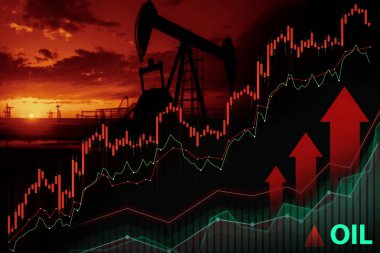 Borsa grafikleri ve karı sembolize eden yükselen oklarla petrol pompası kriptoları