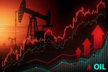 Borsa grafikleri ve karı sembolize eden yükselen oklarla petrol pompası kriptoları