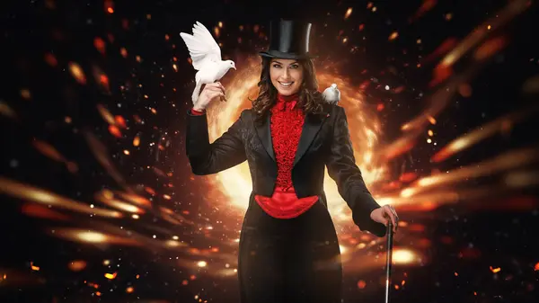 Smiling Magician Tipping Hat Doves Wand Fiery Backdrop — Stock Photo, Image