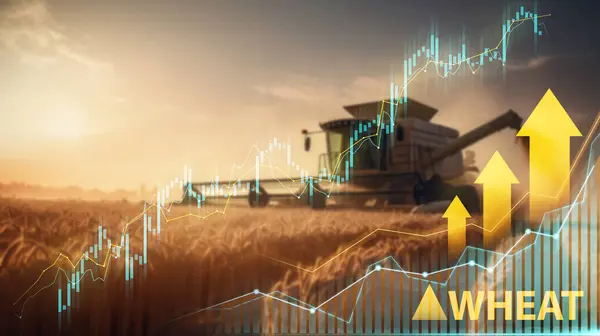 Sklizeň Strojů Zlatém Pšeničném Poli Burzovními Grafy Růstu Šípy Royalty Free Stock Obrázky