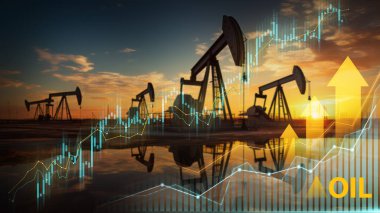 Petrol pompası jack silueti ve gün batımında mali grafikler enerji piyasasındaki büyümeyi simgeliyor.