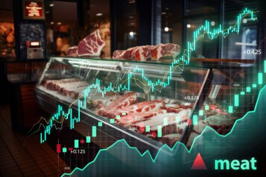 Bir kasapta sergilenen çeşitli etler ve piyasa fiyatlarını gösteren finansal grafikler