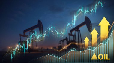 Gün batımında petrol sondaj platformları parlayan finansal grafiklerle piyasa performansını sembolize ediyor.