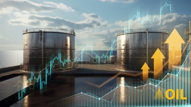 Petrol depolama tankları finansal haritalarla petrol sektöründeki pazar dinamiklerini sembolize ediyor.