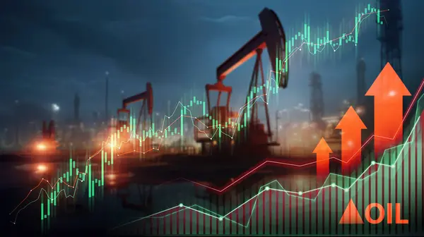 Oil drilling rigs at dusk with glowing financial graphs, symbolizing market performance