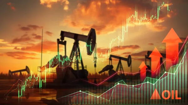Oil Pump Jacks Refinery Silhouettes Overlay Bullish Stock Market Charts Royalty Free Stock Images