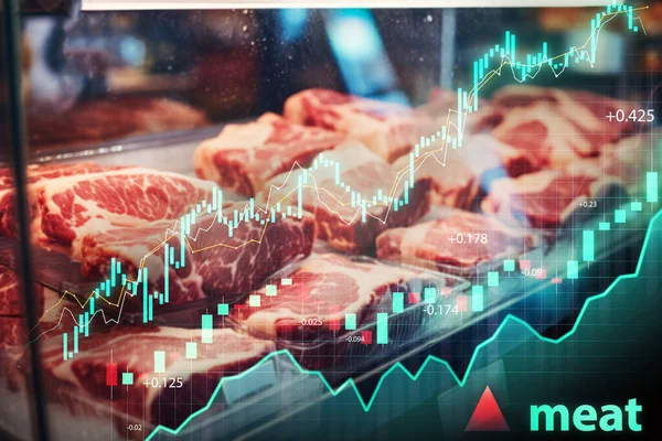 Különböző Húsok Egy Hentesboltban Pénzügyi Grafikonokkal Amelyek Feltüntetik Piaci Árakat — Stock Fotó