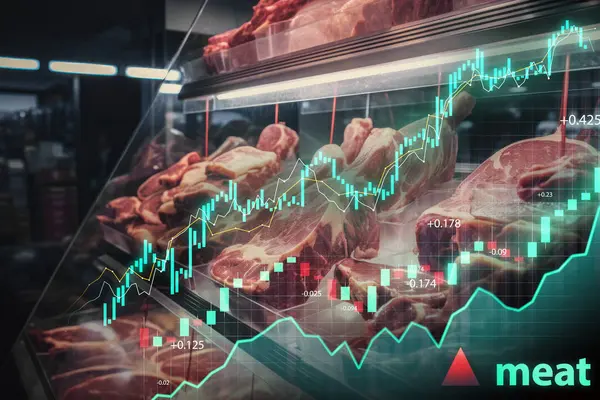Různé Druhy Masa Vystavené Řeznictví Finančními Grafy Udávajícími Tržní Ceny Stock Snímky