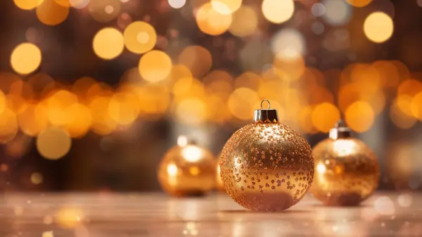 在温暖明亮的假日里 一排金色的圣诞球闪烁着喜庆的光芒 — 图库照片