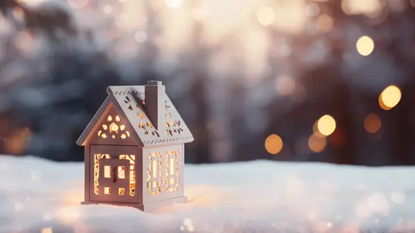 Cozy Wooden Lantern House Snowy Surface Warmly Lit Bokeh Light Stock Picture