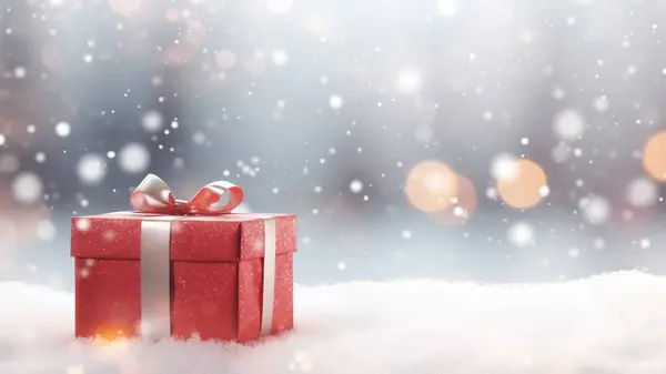 Red Gift Box Silver Ribbon Nestled Snow Bokeh Light Backdrop Royalty Free Stock Images