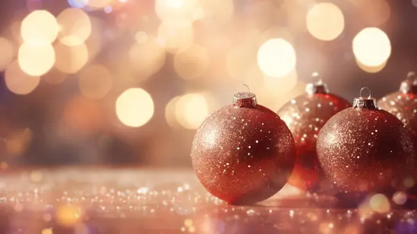 Festlicher Weihnachtsschmuck Mit Einer Herausragenden Roten Christbaumkugel Zwischen Goldenen Bokeh — Stockfoto