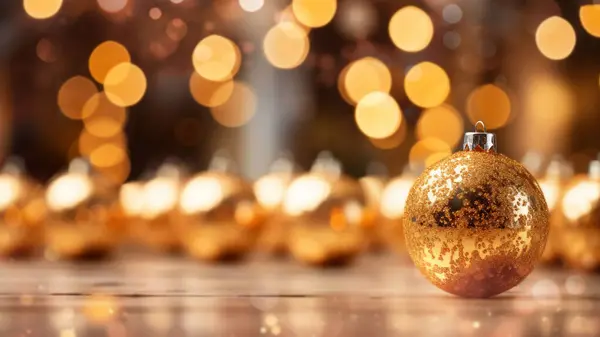 Uma Linha Bolas Natal Douradas Brilha Com Alegria Festiva Uma — Fotografia de Stock