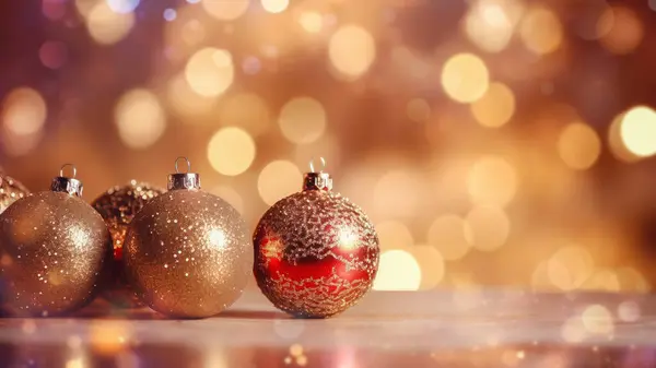 Närbild Gnistrande Röda Julbollar Med Gyllene Bokeh Ljus Bakgrunden — Stockfoto