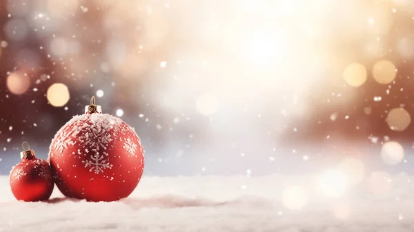 Dos Adornos Rojos Navidad Cubiertos Copos Nieve Sobre Fondo Claro — Foto de Stock